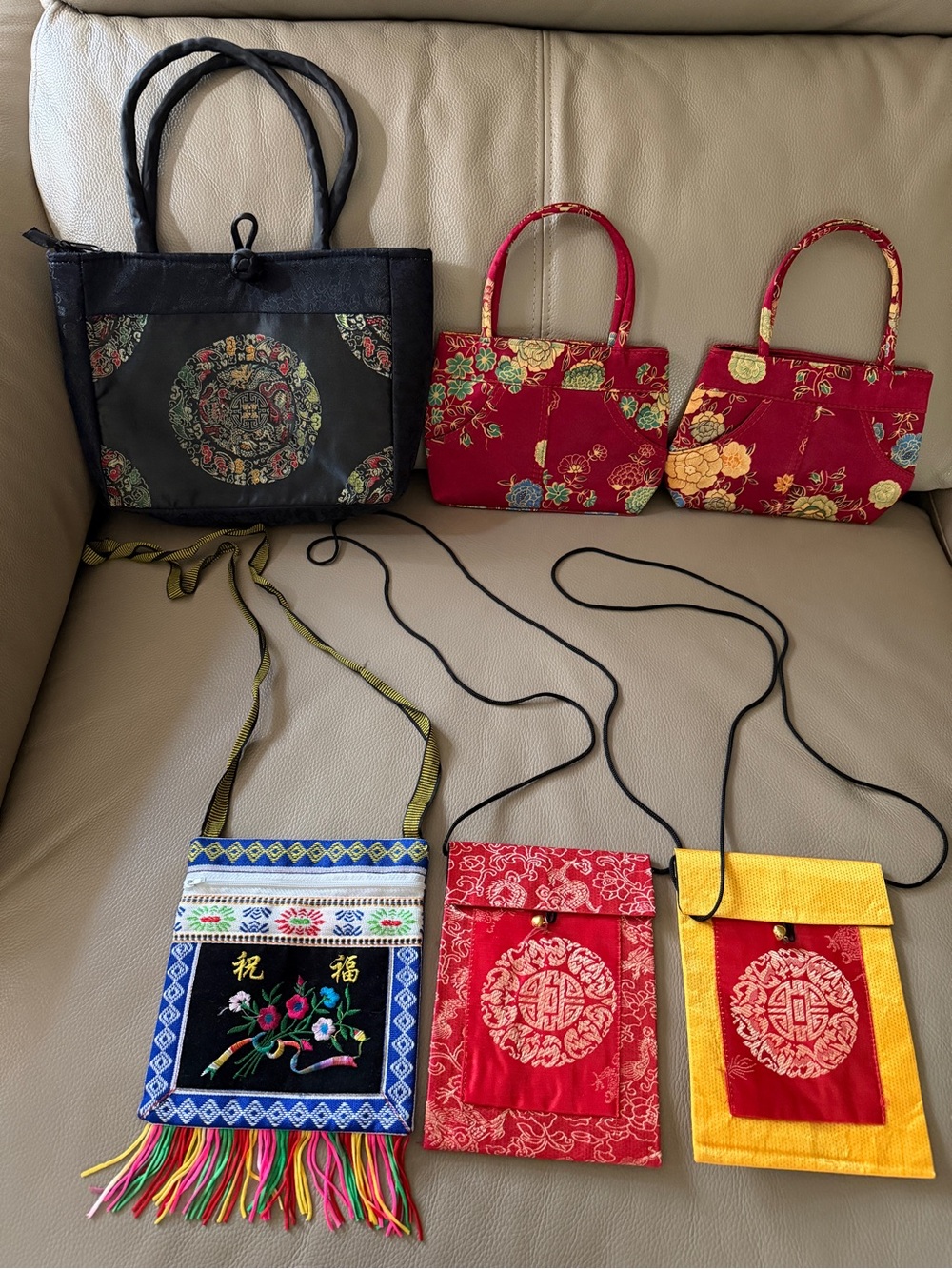 6 ASIAN STYLE PURSE BUNDLE (black, red, blue, yellow) various sizes zip & button